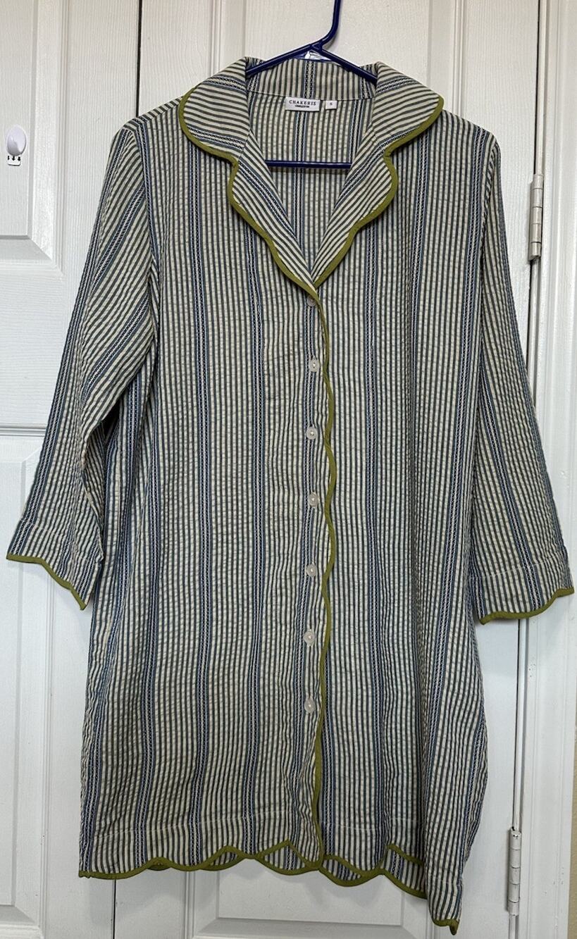 CHAKERIS Charleston Striped Scallop Trim Cotton Shirt Dress Sz S Coastal Resort